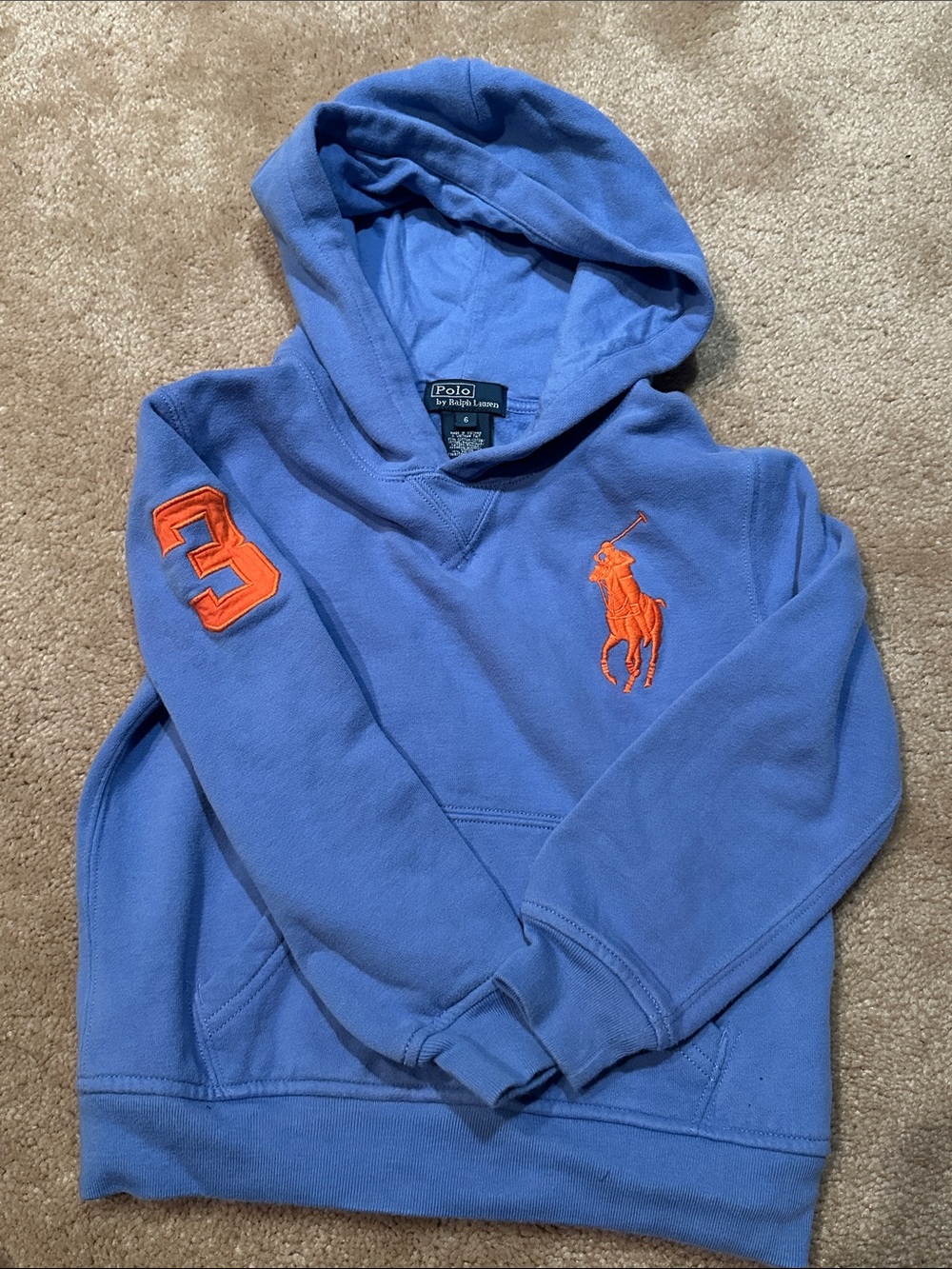 Polo by Ralph Lauren Blue Crewneck Hoodie with Orange Pony & Sleeve Patch